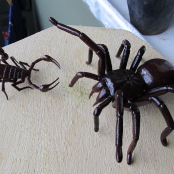 escorpion y tarantula en madera de cedro